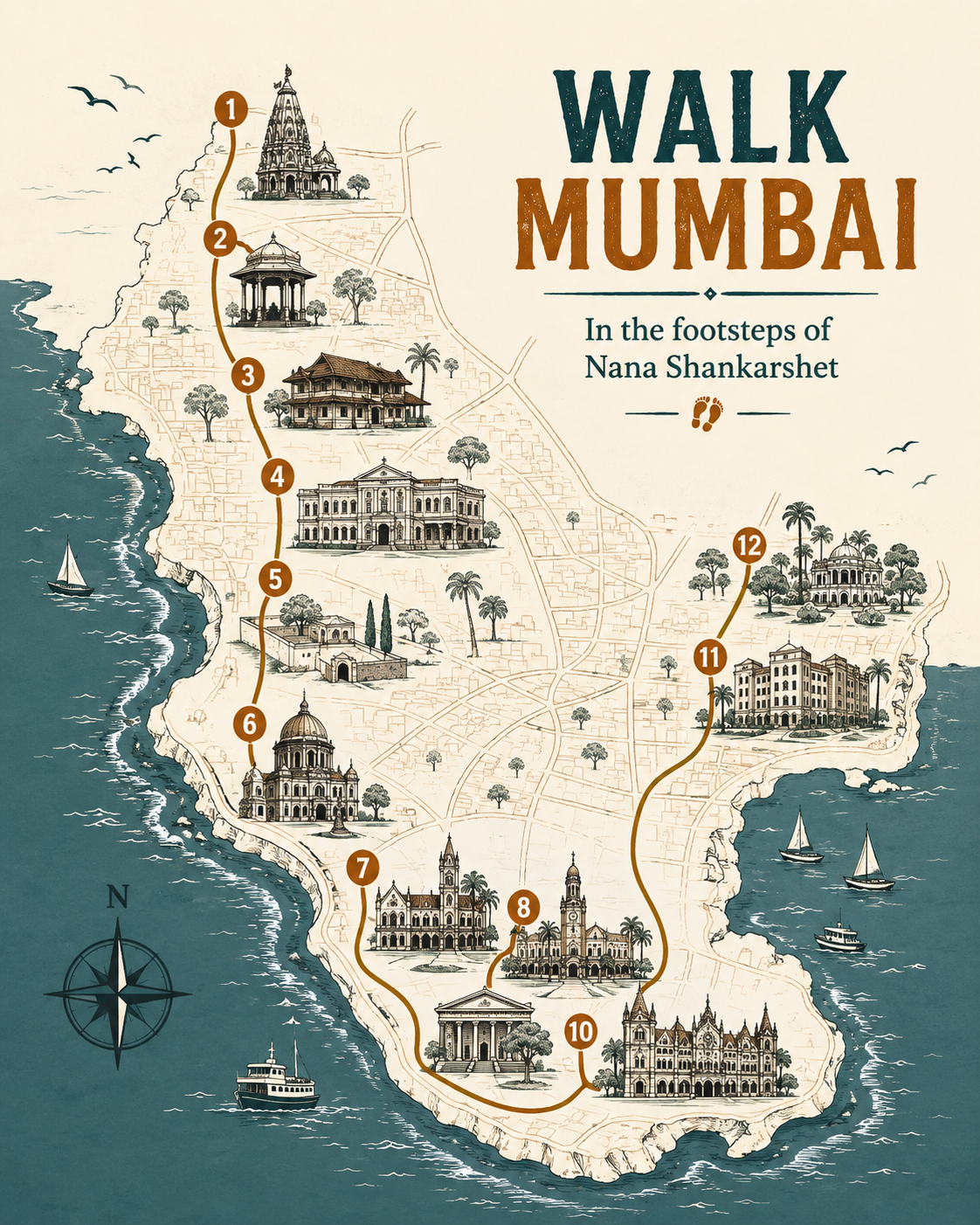 Stylized illustrated map of the 12-stop Walk Mumbai With Nana route, numbered 1 to 12